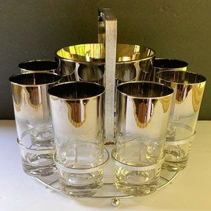 VTG 60s Silver Queen's Lusterware Bar Set MCM Highball Ice Bucket Caddy